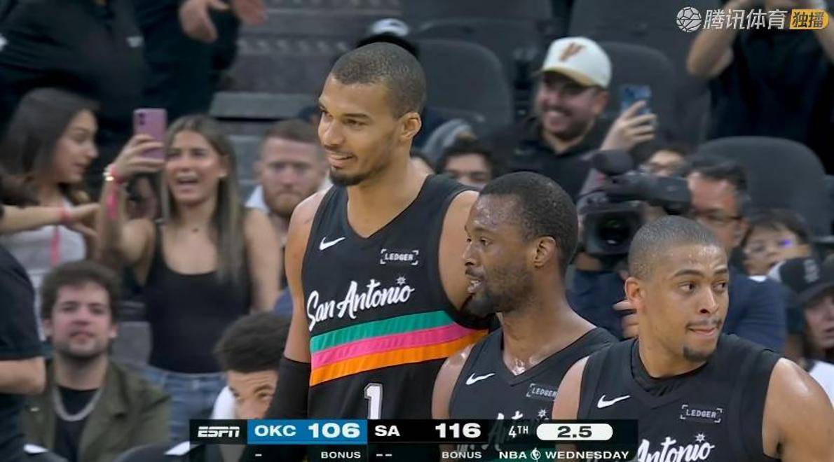 文班亚马四杀雷霆！赛后击掌，凯尔登采访